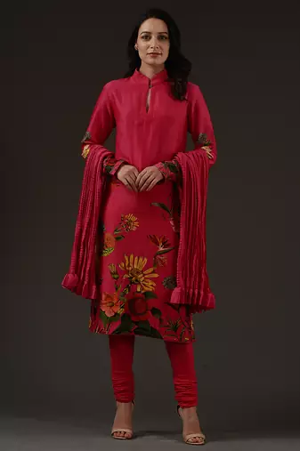 Red floral printed chanderi kurta set
