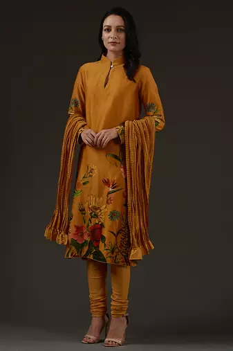 Mustard floral printed chanderi kurta set