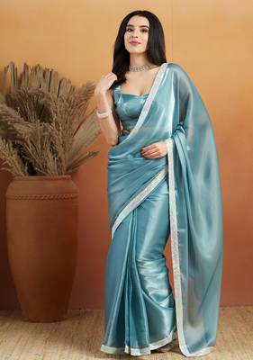 ready made sky blue velvet saree 1