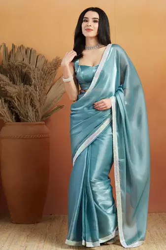 Sky blue velvet ready to wear saree