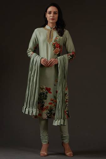 Green floral printed chanderi kurta set