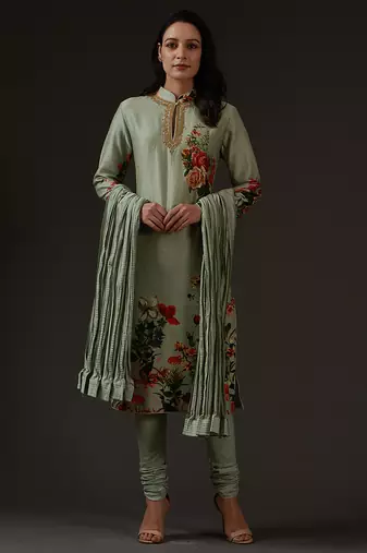 Green floral printed chanderi kurta set