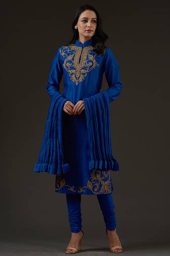 Blue embroidered chanderi kurta set