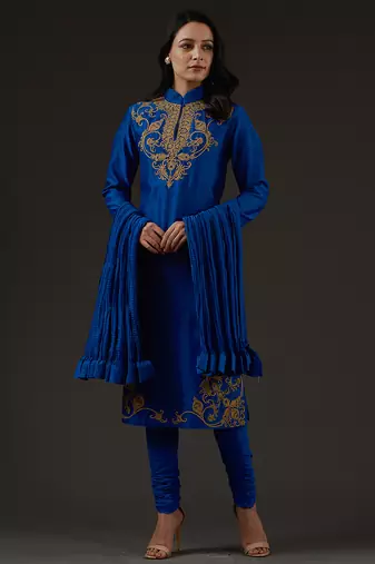 Blue embroidered chanderi kurta set