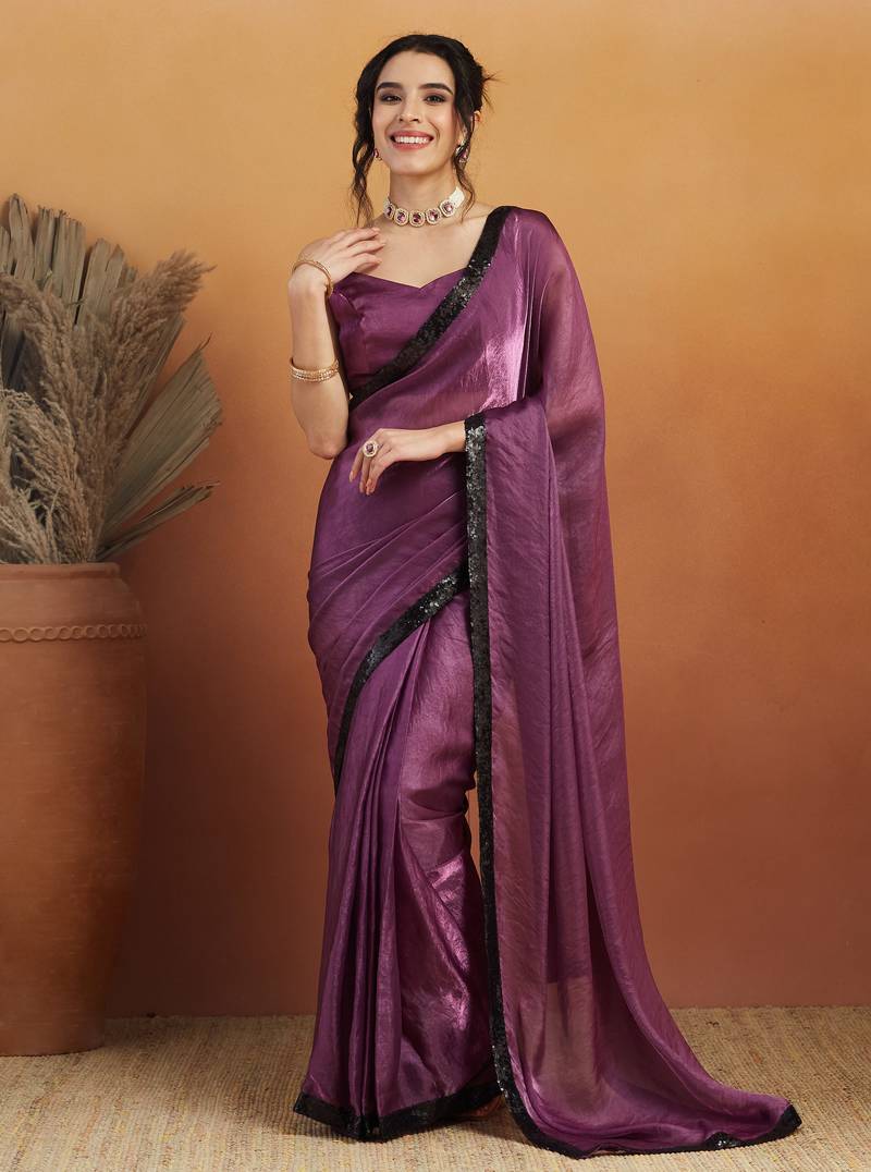 Purple velvet ready to wear saree