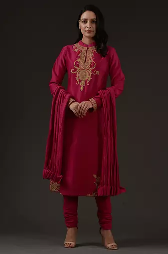 Fuchsia embroidered chanderi kurta set