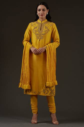 Yellow embroidered chanderi kurta set