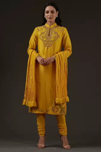 Yellow embroidered chanderi kurta set