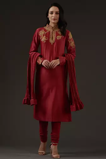 Red embroidered chanderi kurta set