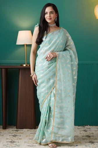 Sky blue organza foil printed ready to wear saree