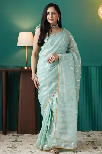 Sky blue organza foil printed ready to wear saree