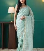 ready to wear sky blue organza foil printed saree