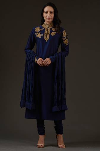 Indigo embroidered chanderi kurta set
