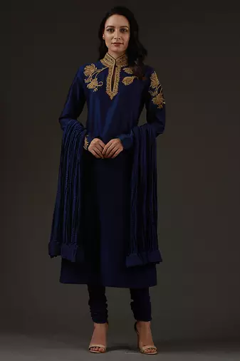 Indigo embroidered chanderi kurta set