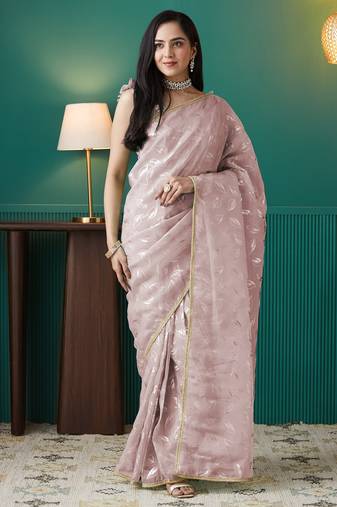 Peach organza foil printed ready to wear saree