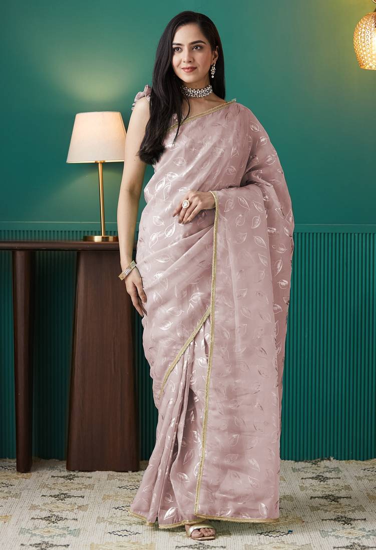 Peach organza foil printed ready to wear saree