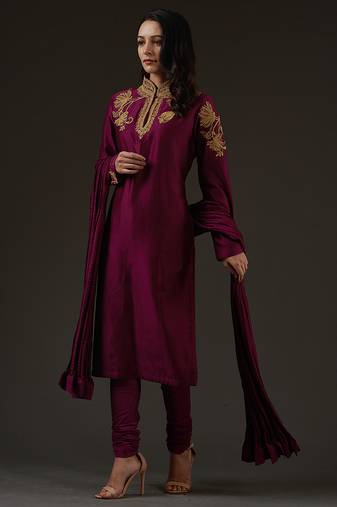 Plum embroidered chanderi kurta set