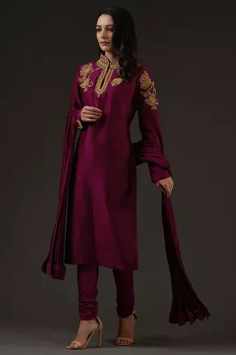 Plum embroidered chanderi kurta set