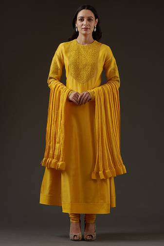 Yellow embroidered chanderi kurta set