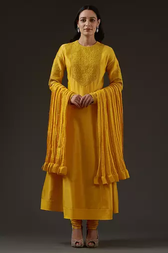 Yellow embroidered chanderi kurta set