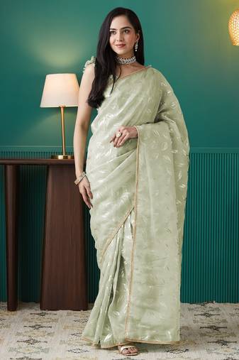 Pista organza foil printed ready to wear saree