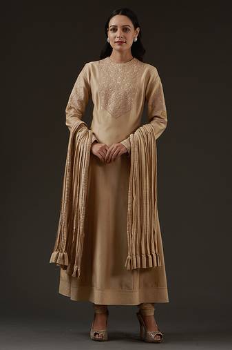 Beige embroidered chanderi kurta set