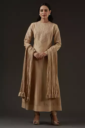 Beige embroidered chanderi kurta set