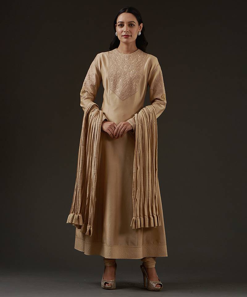 Beige embroidered chanderi kurta set