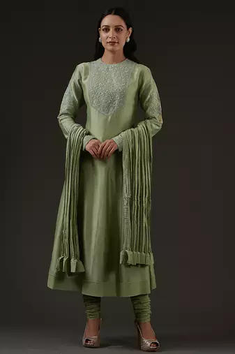 Green embroidered chanderi kurta set