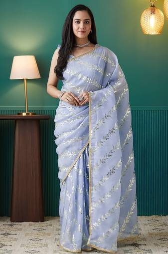 Purple organza foil printed ready to wear saree