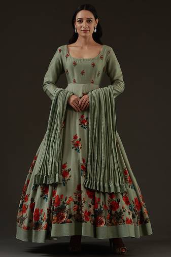 Green floral printed chanderi anarkali