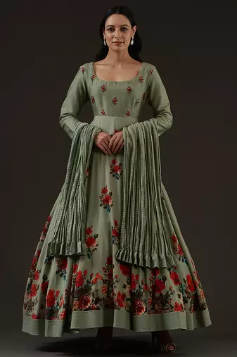 Green floral printed chanderi anarkali