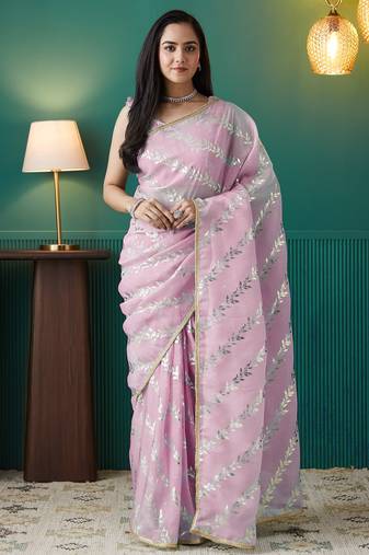Pink organza foil printed ready to wear saree