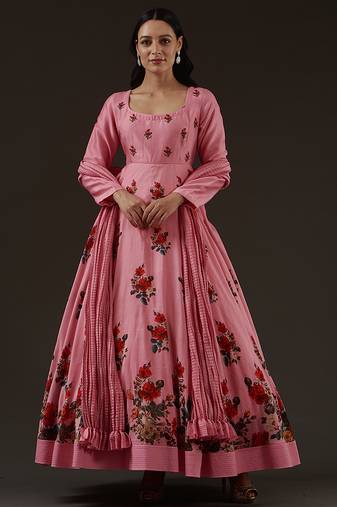 Pink floral printed chanderi anarkali
