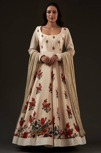 Ivory floral printed chanderi anarkali