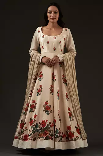 Ivory floral printed chanderi anarkali