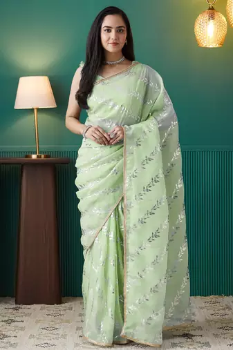 Pista organza foil printed ready to wear saree