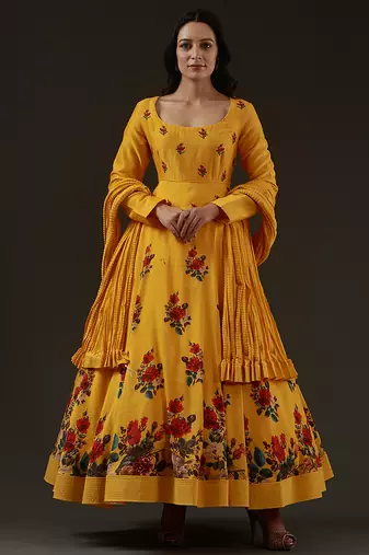 Yellow floral printed chanderi anarkali