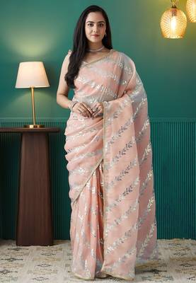 peach organza foil printed ready to wear saree 1