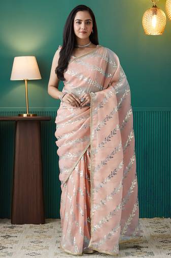 Peach organza foil printed ready to wear saree