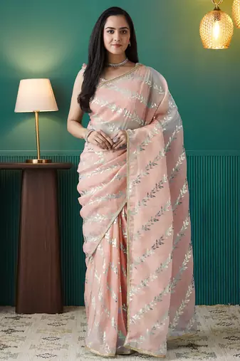 Peach organza foil printed ready to wear saree