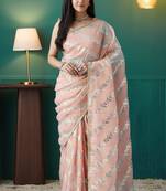 peach organza foil printed ready to wear saree