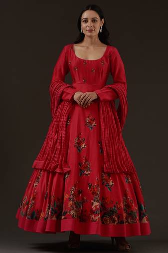 Red floral printed chanderi anarkali