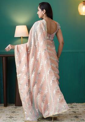 peach organza foil printed ready to wear saree 2