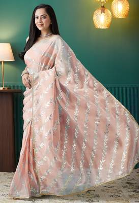 peach organza foil printed ready to wear saree 5