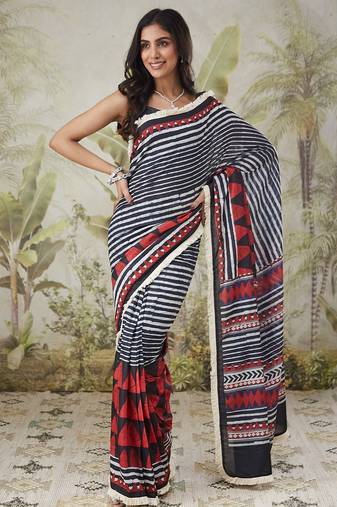 Red muslin printed ready to wear saree