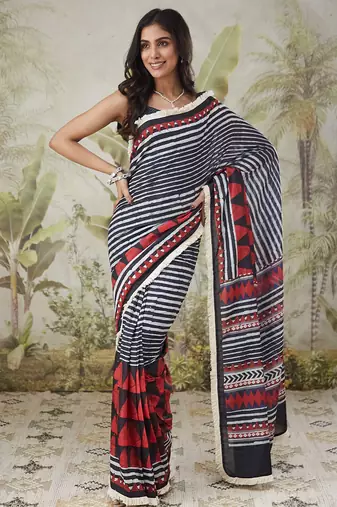 Red muslin printed ready to wear saree