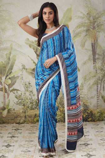 Blue muslin printed ready to wear saree