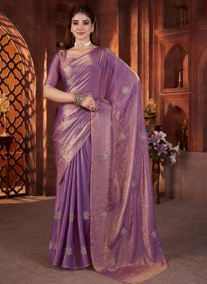 Purple heavy work fandy satin silk blend saree 1