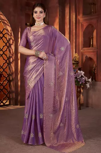Purple heavy work fandy satin silk blend saree